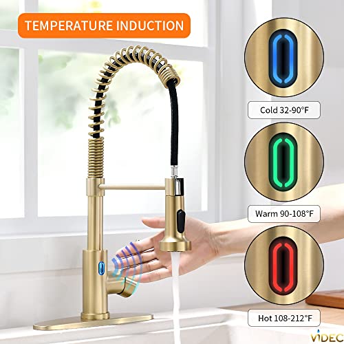 VIDEC Touch-less Kitchen Faucet, 3 Modes Pull Down Sprayer, LED Temperature Control, Ceramic Valve, 360-Degree Rotation, 1 or 3 hole deck Plate. (KW-79J, Brushed Gold, 18.89 Inches)