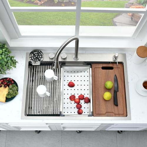 33 Inch Waterfall Drop In Kitchen Sink Workstation-Bokaiya 33x19 Drop In Kitchen Sink with Waterfall Stainless Steel Sink 16 Guage Multifunction Single Bowl Smart Kitchen Sink with Faucet