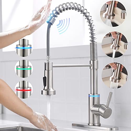 VIDEC Touch On Kitchen Faucet, 3 Modes Pull Down Sprayer, Smart Touch On Sensor Activated, LED Temperature Control, 360-Degree Rotation, 1 or 3 hole deck Plate. (KW-66SN, Touch On, Brushed Nickel)