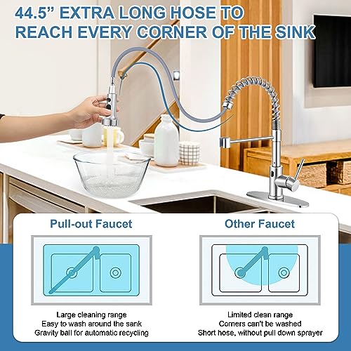 Homikit Touchless Kitchen Sink Faucet with Pull Down Sprayer, Automatic Motion Sensor Smart Faucet, Brushed Nickel Single Handle Spring Kitchen Faucets for Vanity Farmhouse RV, Stainless Steel