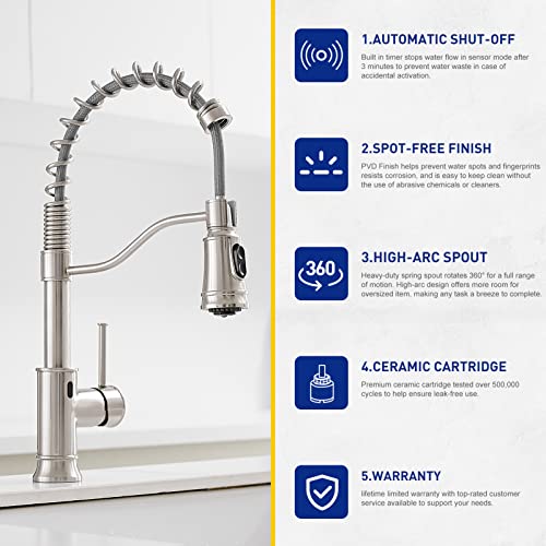 Brushed Nickel Touchless Kitchen Faucet - WOJIUBUXIN Motion Sensor Smart Kitchen Faucet with Pull Down Sprayer Single Handle Hands-Free Commercial Faucet for Kitchen Sink