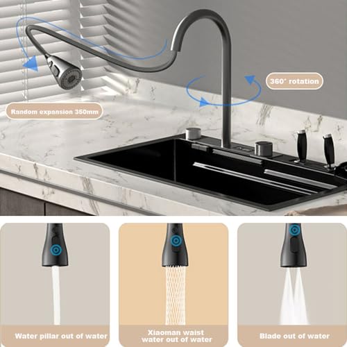 FVVJVV Digital Display Waterfall Sink Single Bowl kitchen Sinks, Stainless Steel Bar Sink With Pull Down Sprayhead Faucet, Smart Modern Kitchen Sink With Full Set Of Accessories (29.5 x 17.7inch)