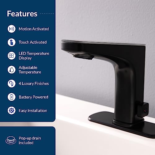 Bio Bidet Grove Touchless Bathroom Sink Faucet, Hands Free or Touch Activated, Matte Black