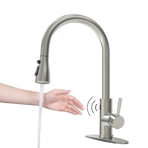 Touchless Kitchen Faucet, MSTJRY Smart Motion Sensor Activated Hands-Free Single Handle Kitchen Faucet with Pull-Down Sprayer, Brushed Stainless Steel Faucet for Kitchen Sink, 1/3 Hole Deck Plate