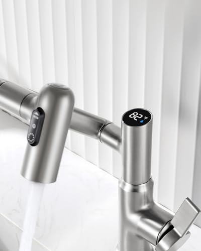 Lefton Rotatable Bathroom Faucet with Temperature Display in Fahrenheit (Batteries-Free), 3 Water Modes, Brushed Nickel, BF2204-0