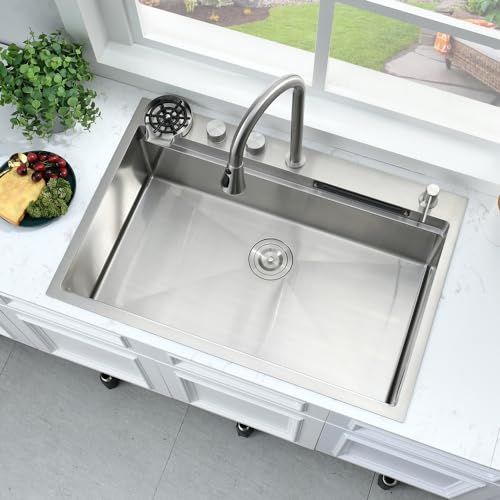33 Inch Waterfall Drop In Kitchen Sink Workstation-Bokaiya 33x19 Drop In Kitchen Sink with Waterfall Stainless Steel Sink 16 Guage Multifunction Single Bowl Smart Kitchen Sink with Faucet
