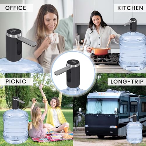 UNNEES Water Dispenser for 5 Gallon Bottle - Smart LED Display, Rechargeable Water Pump, Long-Lasting, Foldable Water Spout for 5 Gallon Bottle, Portable Water Dispenser for Home & Outdoor (Black)