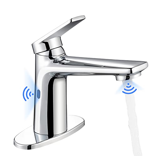 GOESMO Touchless Smart Bathroom Faucet for 1 or 3 Holes, Automatic Sensor Faucet 1 Handle, Adjustable Cold & Hot Temperature & Water Flow, Short & Long Instruction Modes, Metal Chromed Faucet