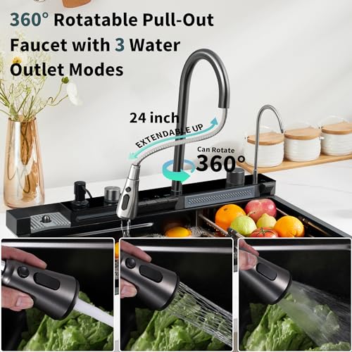 31.5"Kitchen Sink Waterfall, Upgraded Smart Kitchen Sink with Digital Display, Nano 304 Stainless Steel Kitchen Sink with Flying Rain Pull-Out Faucet and Cup Washer(31.5 * 18.1 * 8.07 inch)