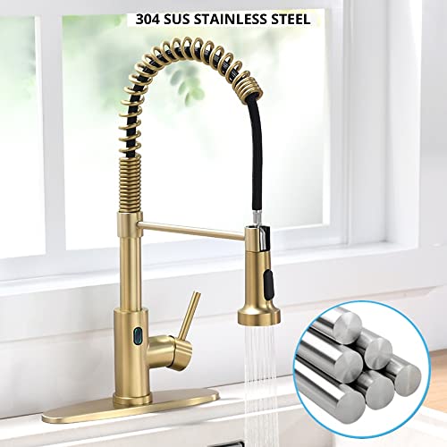 VIDEC Touch-less Kitchen Faucet, 3 Modes Pull Down Sprayer, LED Temperature Control, Ceramic Valve, 360-Degree Rotation, 1 or 3 hole deck Plate. (KW-79J, Brushed Gold, 18.89 Inches)