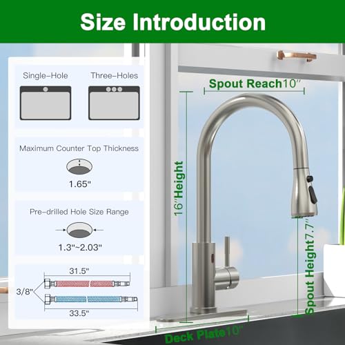 Touchless Kitchen Faucet, MSTJRY Smart Motion Sensor Activated Hands-Free Single Handle Kitchen Faucet with Pull-Down Sprayer, Brushed Stainless Steel Faucet for Kitchen Sink, 1/3 Hole Deck Plate
