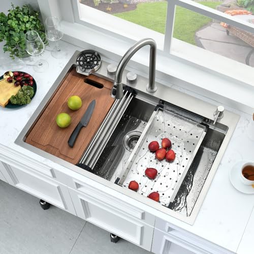 33 Inch Waterfall Drop In Kitchen Sink Workstation-Bokaiya 33x19 Drop In Kitchen Sink with Waterfall Stainless Steel Sink 16 Guage Multifunction Single Bowl Smart Kitchen Sink with Faucet