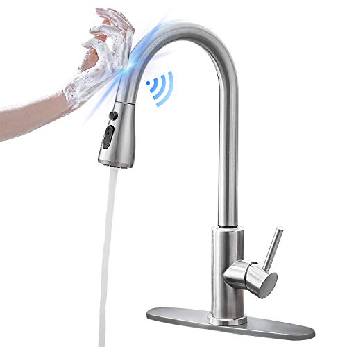 Qomolangma Brushed Nickel Touch Sensor Kitchen Faucet with Pull Down Sprayer, Single Handle High Arc Touch Activated Pull Out Kitchen Faucets Double Bowl Sink Faucet