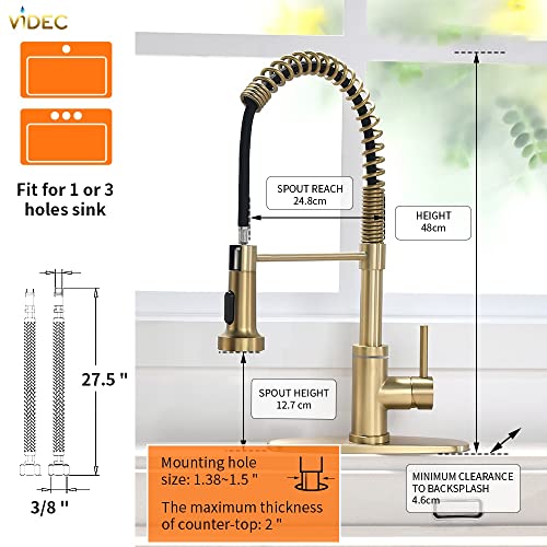 VIDEC Smart Kitchen Faucet, 3 Modes Pull Down Sprayer, Smart Touch On Sensor Activated, LED Temperature Control, 360-Degree Rotation, 1 or 3 Hole Deck Plate. (KW-66J, Brushed Gold, 17.90 Inches)