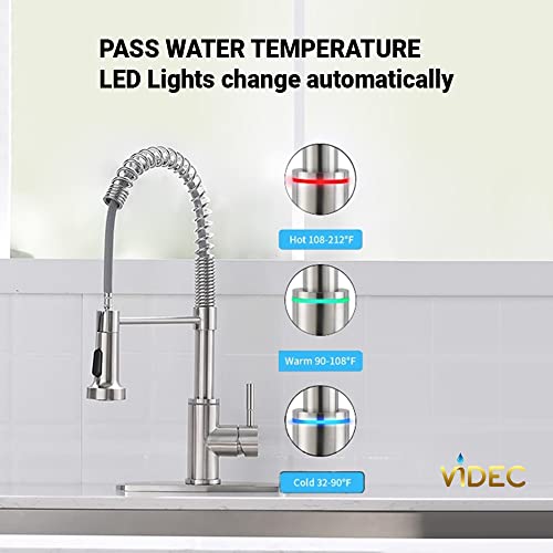 VIDEC Touch On Kitchen Faucet, 3 Modes Pull Down Sprayer, Smart Touch On Sensor Activated, LED Temperature Control, 360-Degree Rotation, 1 or 3 hole deck Plate. (KW-66SN, Touch On, Brushed Nickel)