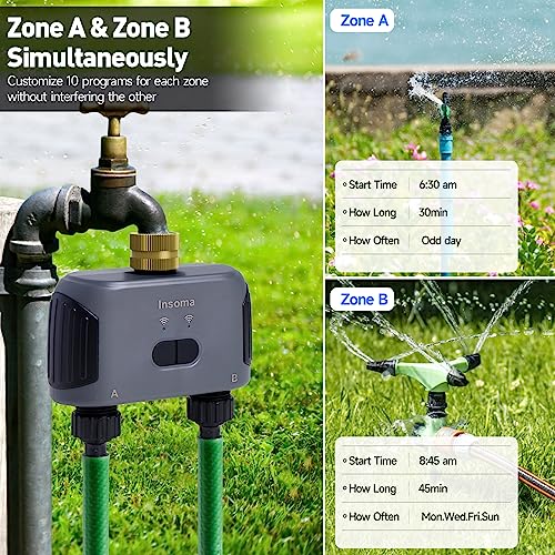 Insoma WiFi Hose Timer with Brass Swivel, 2 Zones Smart Water Timer for Garden Hose Faucet, Sprinkler Timer with WiFi Hub, Up to 20 Watering Plans, APP Control, Work with Alexa and Google Assistant