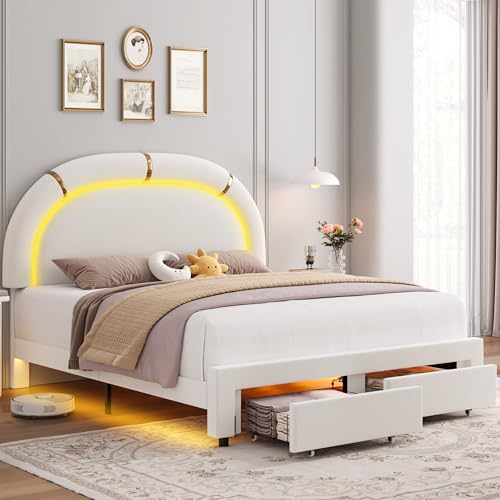 Keyluv Full Upholstered LED Bed Frame with 2 Storage Drawers and Adjustable Semicircle Headboard, Smart Platform Bed Frame with Golden Trim, Wooden Slats Support, Box Spring Optional, Velvet, Beige