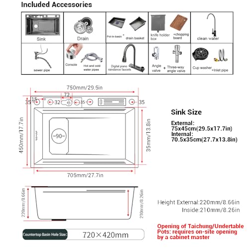 FVVJVV Digital Display Waterfall Sink Single Bowl kitchen Sinks, Stainless Steel Bar Sink With Pull Down Sprayhead Faucet, Smart Modern Kitchen Sink With Full Set Of Accessories (29.5 x 17.7inch)