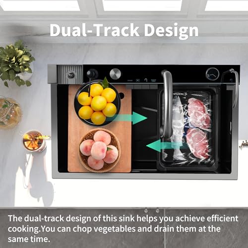31.5"Kitchen Sink Waterfall, Upgraded Smart Kitchen Sink with Digital Display, Nano 304 Stainless Steel Kitchen Sink with Flying Rain Pull-Out Faucet and Cup Washer(31.5 * 18.1 * 8.07 inch)