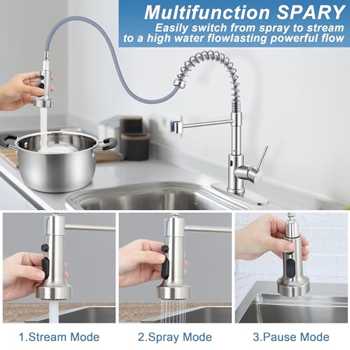 Homikit Touchless Kitchen Sink Faucet with Pull Down Sprayer, Automatic Motion Sensor Smart Faucet, Brushed Nickel Single Handle Spring Kitchen Faucets for Vanity Farmhouse RV, Stainless Steel