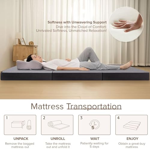 Vamcheer Tri Folding Mattress Full Size - 4 Inch Foldable Mattress for Travel/RV/Camping/Guest Room/Yoga, Tri-fold Memory Foam Mattress with Washable Cover, Handle & Non-Slip Bottom, 73"x52"x4"