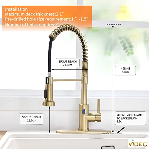 VIDEC Touch-less Kitchen Faucet, 3 Modes Pull Down Sprayer, LED Temperature Control, Ceramic Valve, 360-Degree Rotation, 1 or 3 hole deck Plate. (KW-79J, Brushed Gold, 18.89 Inches)