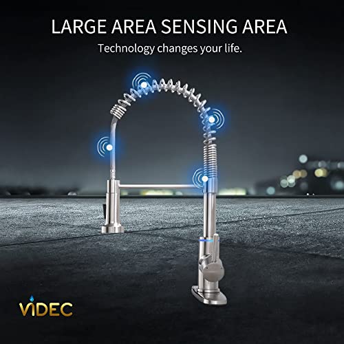 VIDEC Touch On Kitchen Faucet, 3 Modes Pull Down Sprayer, Smart Touch On Sensor Activated, LED Temperature Control, 360-Degree Rotation, 1 or 3 hole deck Plate. (KW-66SN, Touch On, Brushed Nickel)