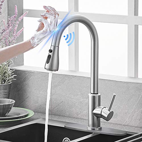 Qomolangma Brushed Nickel Touch Sensor Kitchen Faucet with Pull Down Sprayer, Single Handle High Arc Touch Activated Pull Out Kitchen Faucets Double Bowl Sink Faucet