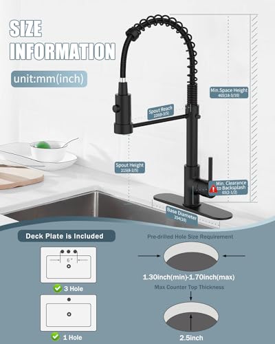 Casavilla Black Kitchen Faucet with Soap Dispenser, Kitchen Faucets with Pull Down Sprayer and Deck Plate, Single Handle Spring Faucet for Camper Farmhouse RV Sink, 4 Hole Kitchen Faucet with Sprayer
