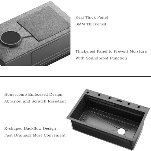 SDGRP Smart Kitchen Sink 304 Stainless Steel Honeycomb Single Bowl Kitchen Sinks，Digital Display Double Waterfall Sink，With Pull-out Swivel Faucet，With Pressurized Cup Washer (29.5 x 18.1 inch)