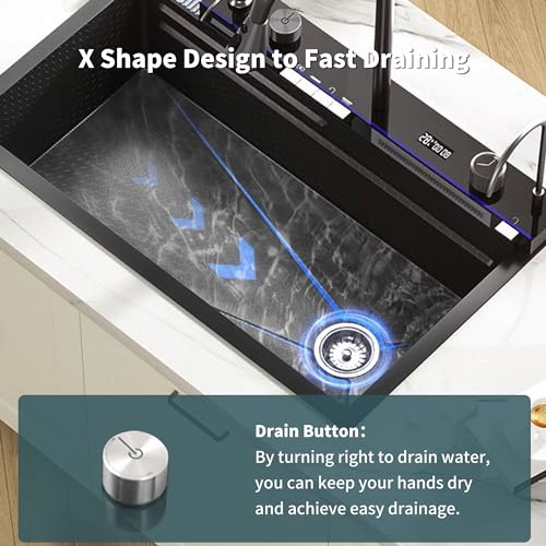 31.5"Kitchen Sink Waterfall, Upgraded Smart Kitchen Sink with Digital Display, Nano 304 Stainless Steel Kitchen Sink with Flying Rain Pull-Out Faucet and Cup Washer(31.5 * 18.1 * 8.07 inch)