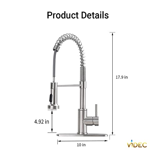 VIDEC Touch On Kitchen Faucet, 3 Modes Pull Down Sprayer, Smart Touch On Sensor Activated, LED Temperature Control, 360-Degree Rotation, 1 or 3 hole deck Plate. (KW-66SN, Touch On, Brushed Nickel)