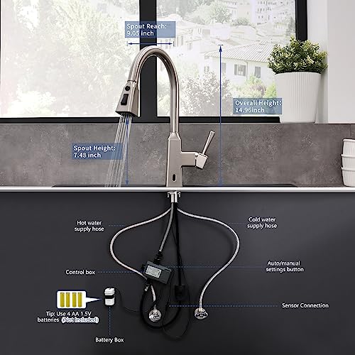 Fapully Kitchen Faucet with Pull Down Sprayer, Touchless Motion Sensor Smart Activeted Single Handle Faucet for Kitchen Sink Brushed Nickel