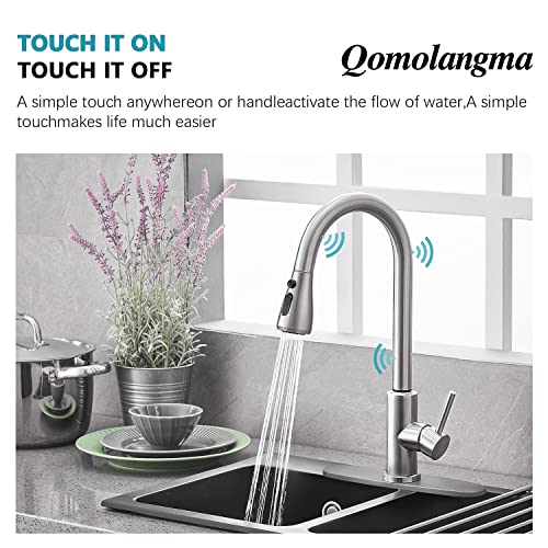 Qomolangma Brushed Nickel Touch Sensor Kitchen Faucet with Pull Down Sprayer, Single Handle High Arc Touch Activated Pull Out Kitchen Faucets Double Bowl Sink Faucet