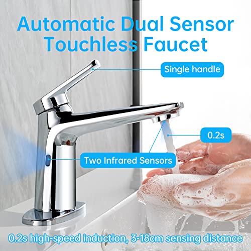 GOESMO Touchless Smart Bathroom Faucet for 1 or 3 Holes, Automatic Sensor Faucet 1 Handle, Adjustable Cold & Hot Temperature & Water Flow, Short & Long Instruction Modes, Metal Chromed Faucet