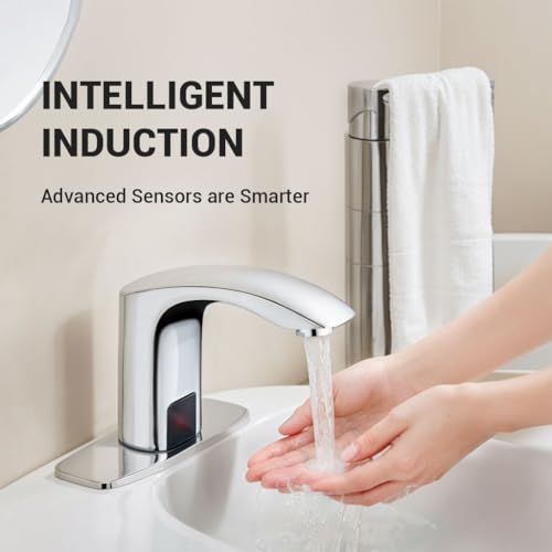 Touchless Bathroom Faucet Automatic Motion Sensor Sink Faucets with Hole Cover Plate and Temperature Mixer,Motion Activated Hands-Free Basin Smart Tap Commercial Sensor Faucet (Chrome)…