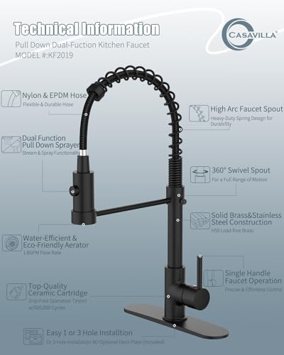 Casavilla Black Kitchen Faucet with Soap Dispenser, Kitchen Faucets with Pull Down Sprayer and Deck Plate, Single Handle Spring Faucet for Camper Farmhouse RV Sink, 4 Hole Kitchen Faucet with Sprayer