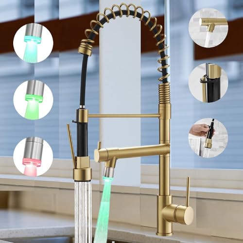 VIDEC Smart Kitchen Faucet, 3 Modes Pull Down Sprayer, Smart LED for Water Temperature Control, Ceramic Valve, 360-Degree Rotation, 1 or 3 Hole Deck Plate. (KW-21CG, Champagne Gold).