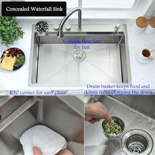 33 Inch Waterfall Drop In Kitchen Sink Workstation-Bokaiya 33x19 Drop In Kitchen Sink with Waterfall Stainless Steel Sink 16 Guage Multifunction Single Bowl Smart Kitchen Sink with Faucet