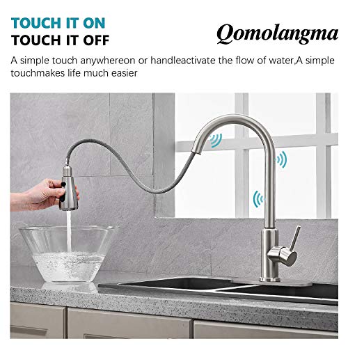 Qomolangma Brushed Nickel Touch Sensor Kitchen Faucet with Pull Down Sprayer, Single Handle High Arc Touch Activated Pull Out Kitchen Faucets Double Bowl Sink Faucet