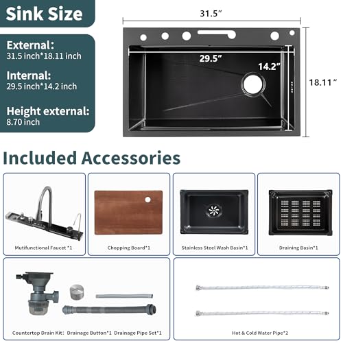 31.5"Kitchen Sink Waterfall, Upgraded Smart Kitchen Sink with Digital Display, Nano 304 Stainless Steel Kitchen Sink with Flying Rain Pull-Out Faucet and Cup Washer(31.5 * 18.1 * 8.07 inch)