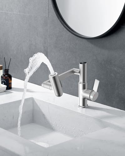 Lefton Rotatable Bathroom Faucet with Temperature Display in Fahrenheit (Batteries-Free), 3 Water Modes, Brushed Nickel, BF2204-0