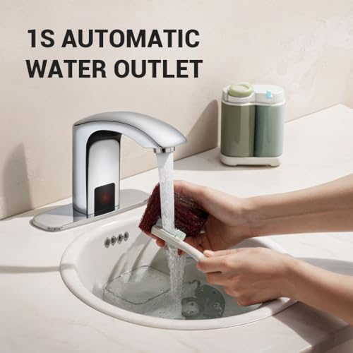 Touchless Bathroom Faucet Automatic Motion Sensor Sink Faucets with Hole Cover Plate and Temperature Mixer,Motion Activated Hands-Free Basin Smart Tap Commercial Sensor Faucet (Chrome)…