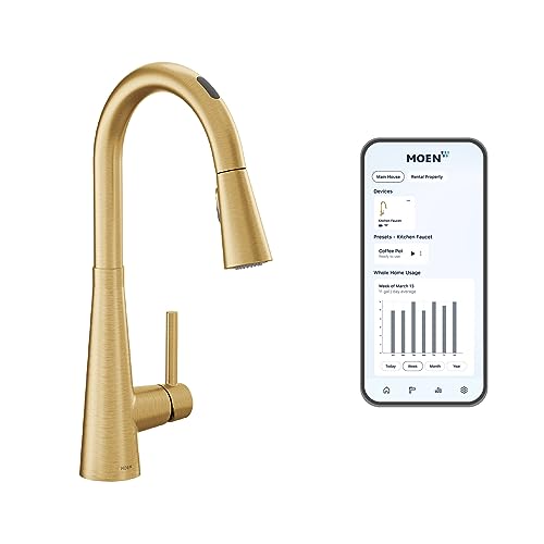 Moen 7864EVBG Sleek Smart Faucet Touchless Pull Down Sprayer Kitchen Faucet with Voice Control and Power Boost, Brushed Gold