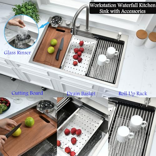 33 Inch Waterfall Drop In Kitchen Sink Workstation-Bokaiya 33x19 Drop In Kitchen Sink with Waterfall Stainless Steel Sink 16 Guage Multifunction Single Bowl Smart Kitchen Sink with Faucet