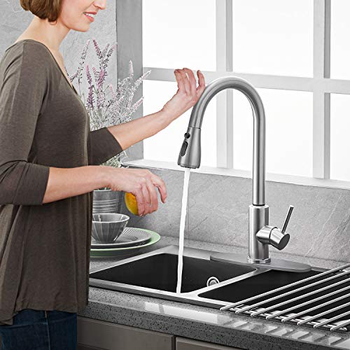Qomolangma Brushed Nickel Touch Sensor Kitchen Faucet with Pull Down Sprayer, Single Handle High Arc Touch Activated Pull Out Kitchen Faucets Double Bowl Sink Faucet