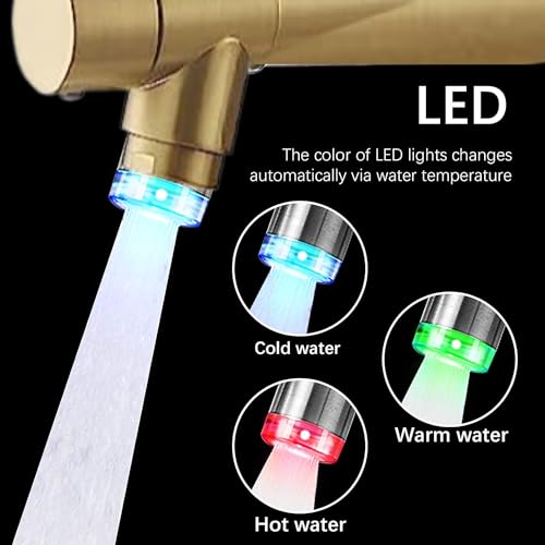 VIDEC Smart Kitchen Faucet, 3 Modes Pull Down Sprayer, Smart LED for Water Temperature Control, Ceramic Valve, 360-Degree Rotation, 1 or 3 Hole Deck Plate. (KW-21CG, Champagne Gold).