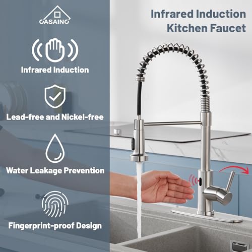 CASAINC Kitchen Faucet with Pull Down Sprayer, Touchless Motion Sensor Smart Activated Hands Free Single Handle, Brushed Nickel Kitchen Faucet for Bar Laundry Kitchen Sink