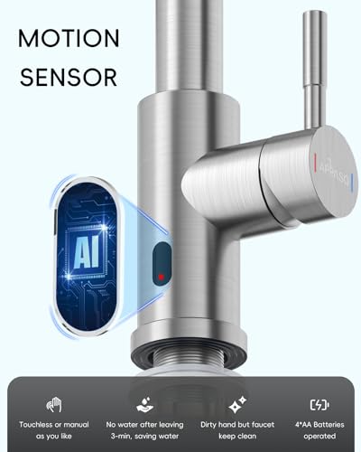 APPASO Touchless Kitchen Faucet with Pull-Down Sprayer, Kitchen Sink Faucet Touchless Brushed Nickel, Single Handle Hands-Free Motion Sensor Faucets Suitable for 1 or 3-Hole Sink, Stainless Steel