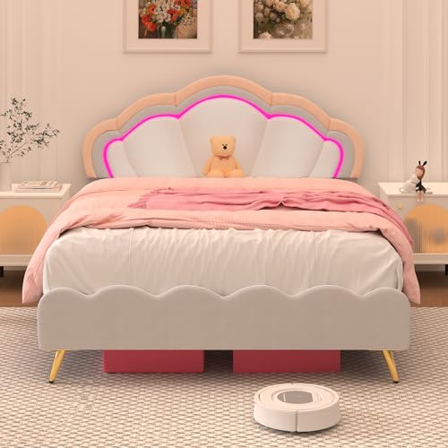 Winkalon Queen Upholstered Smart LED Bed Frame with Adjustable Headboard, Platform Bed Frame Queen Size with Wooden Slats Support, No Box Spring Needed, Easy Assembly, White Bed